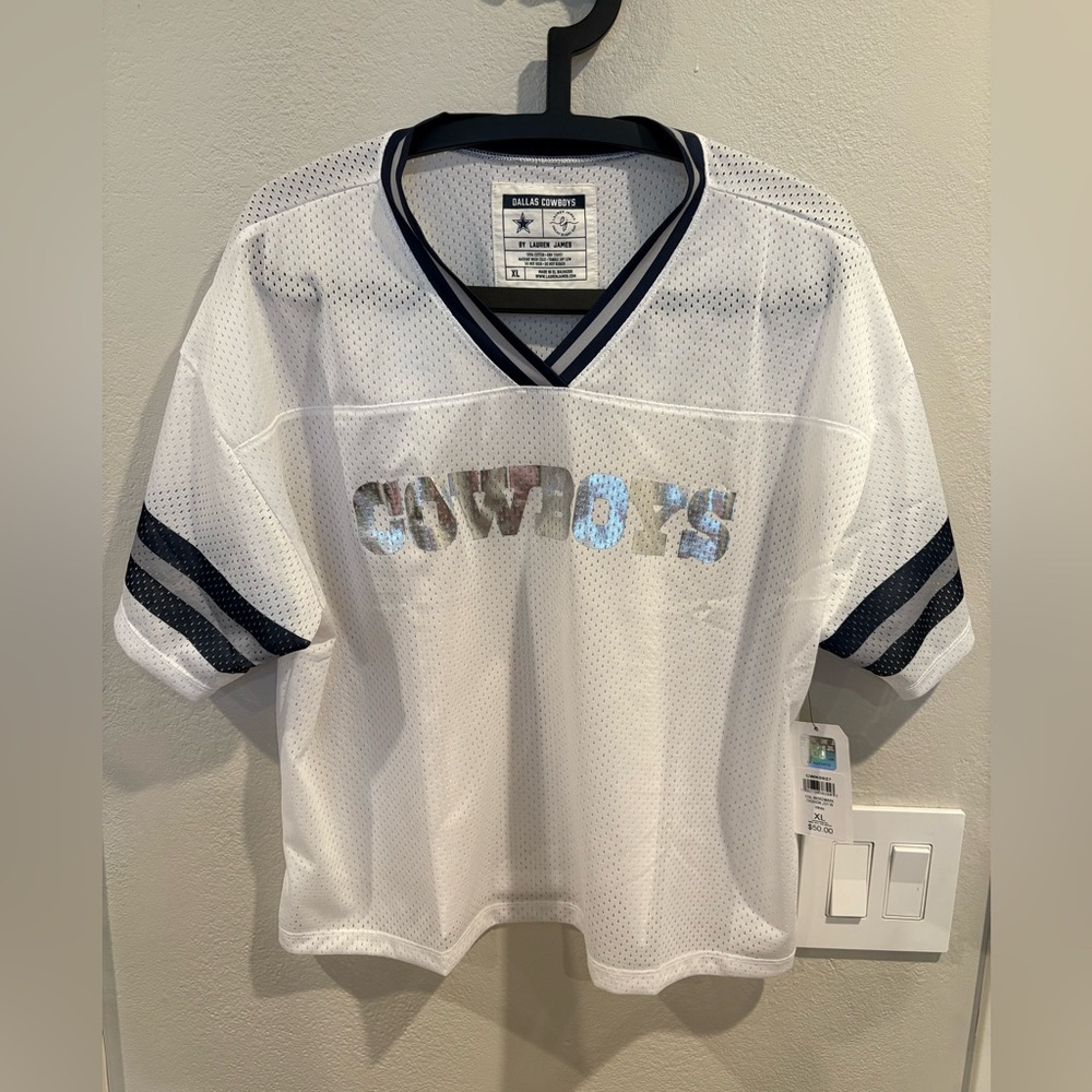 Lauren James Dallas Cowboys Women's Crop Top White Mesh Football Jersey Size XL